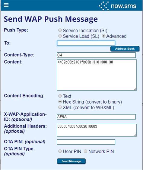 Виды информации, которую можно отправить посредством WAP push сообщения