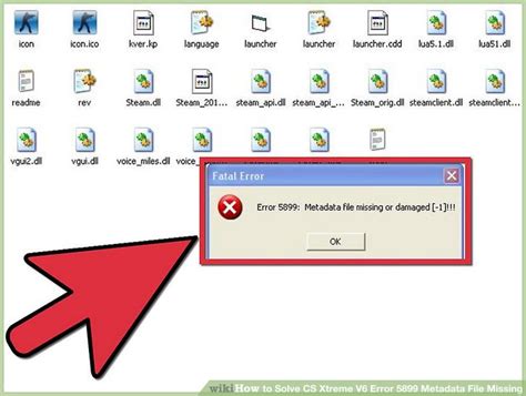 Выяснить, что означает error 5899 metadata file missing or damaged 1