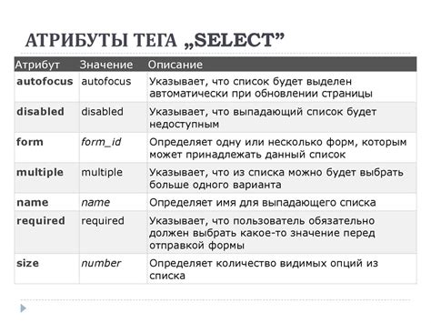 Назначение и особенности тега select