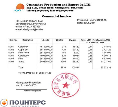 Предоставление счета в таможню Китая