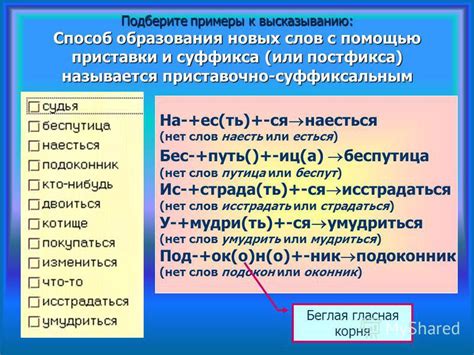 Примеры образования слов с помощью суффиксов